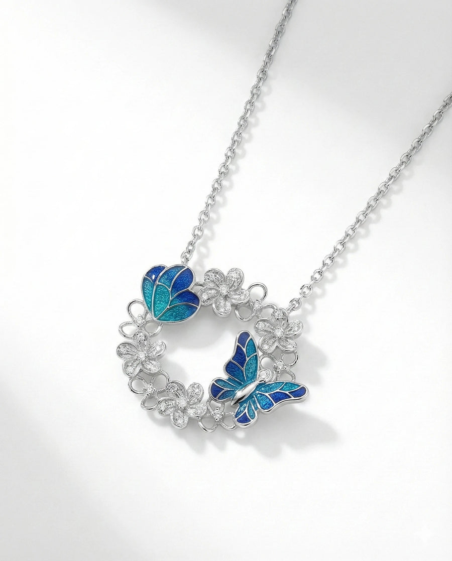 Enchanted Butterfly Garden Wreath Necklace – 925 Sterling Silver