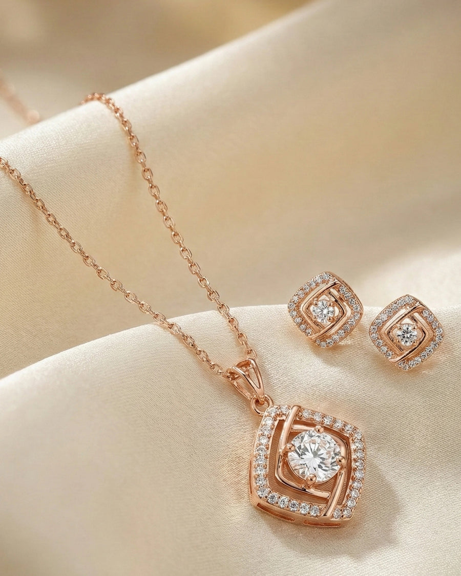 Silvonar Gold Plated 925 Sterling Silver Radiant Square Halo Jewelry Set – Pendant Necklace & Stud Earrings