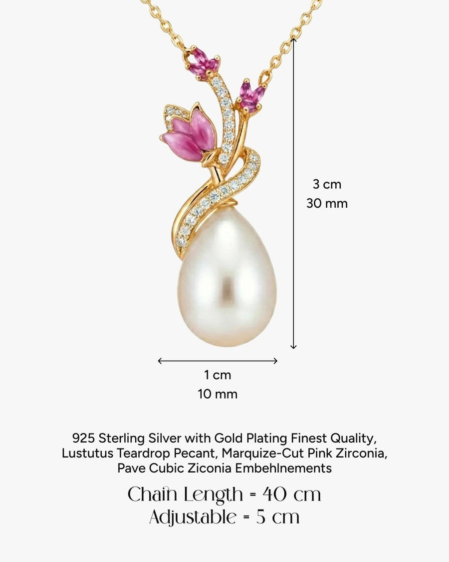 Ruby Bloom Teardrop Pearl Necklace – 925 Sterling Silver Floral Pendant for Women