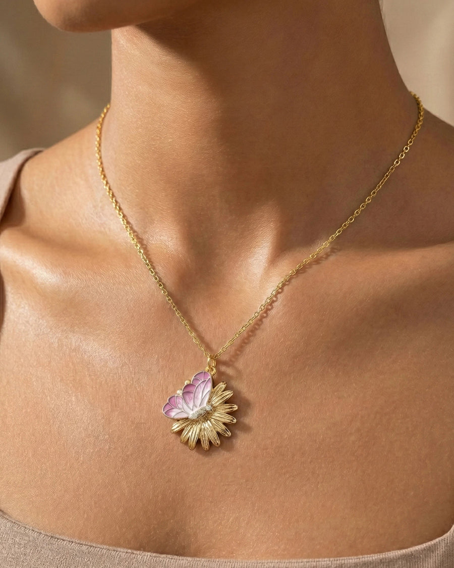 Pink Meadow Butterfly & Daisy Pendant – 925 Sterling Silver
