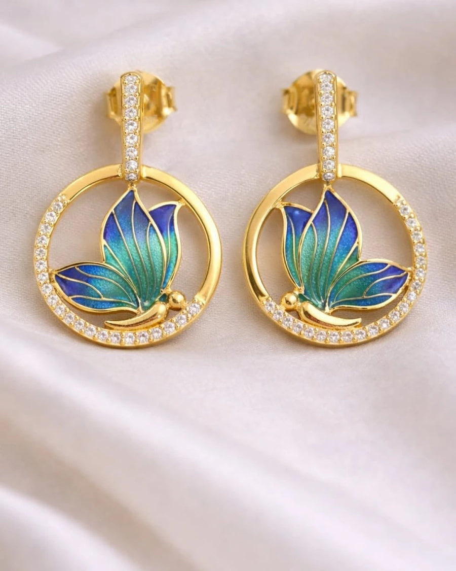 Emerald Glaze Butterfly Halo Earrings – 925 Sterling Silver