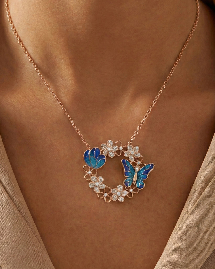 Enchanted Butterfly Garden Wreath Necklace – 925 Sterling Silver