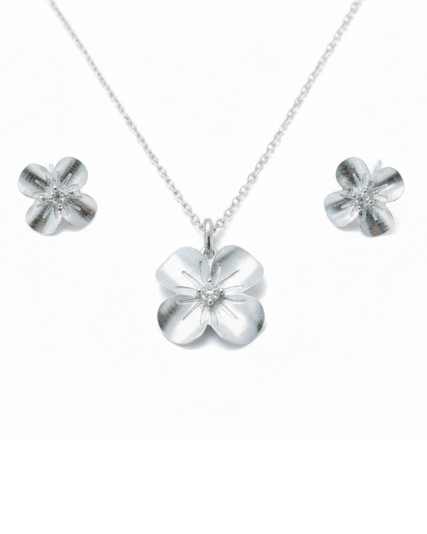 Silvonar 925 Sterling Silver Jewelry Set – [Brushed Four-Petal Blossom Design]