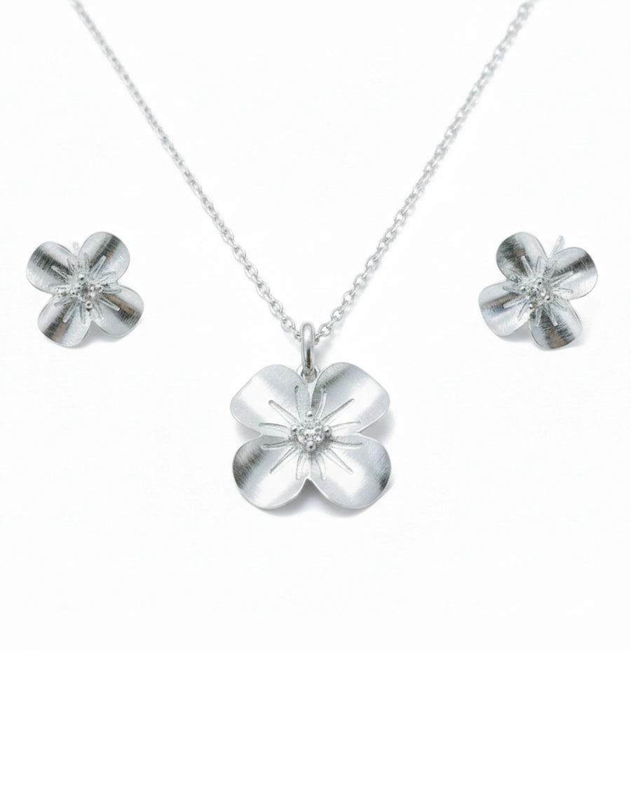 Silvonar 925 Sterling Silver Jewelry Set – [Brushed Four-Petal Blossom Design]
