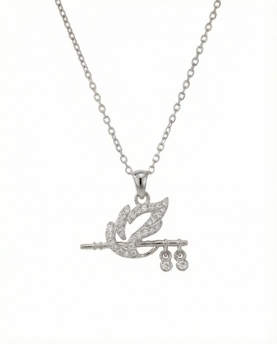 Divine Krishna Flute & Peacock Feather Necklace – 925 Sterling Silver Zircon Pendant
