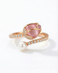 Enchanted Rose Quartz & Pearl Open Wrap Ring – 925 Sterling Silver