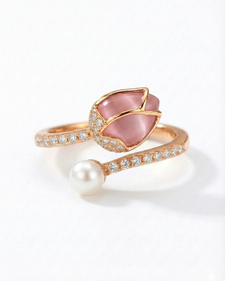 Enchanted Rose Quartz & Pearl Open Wrap Ring – 925 Sterling Silver