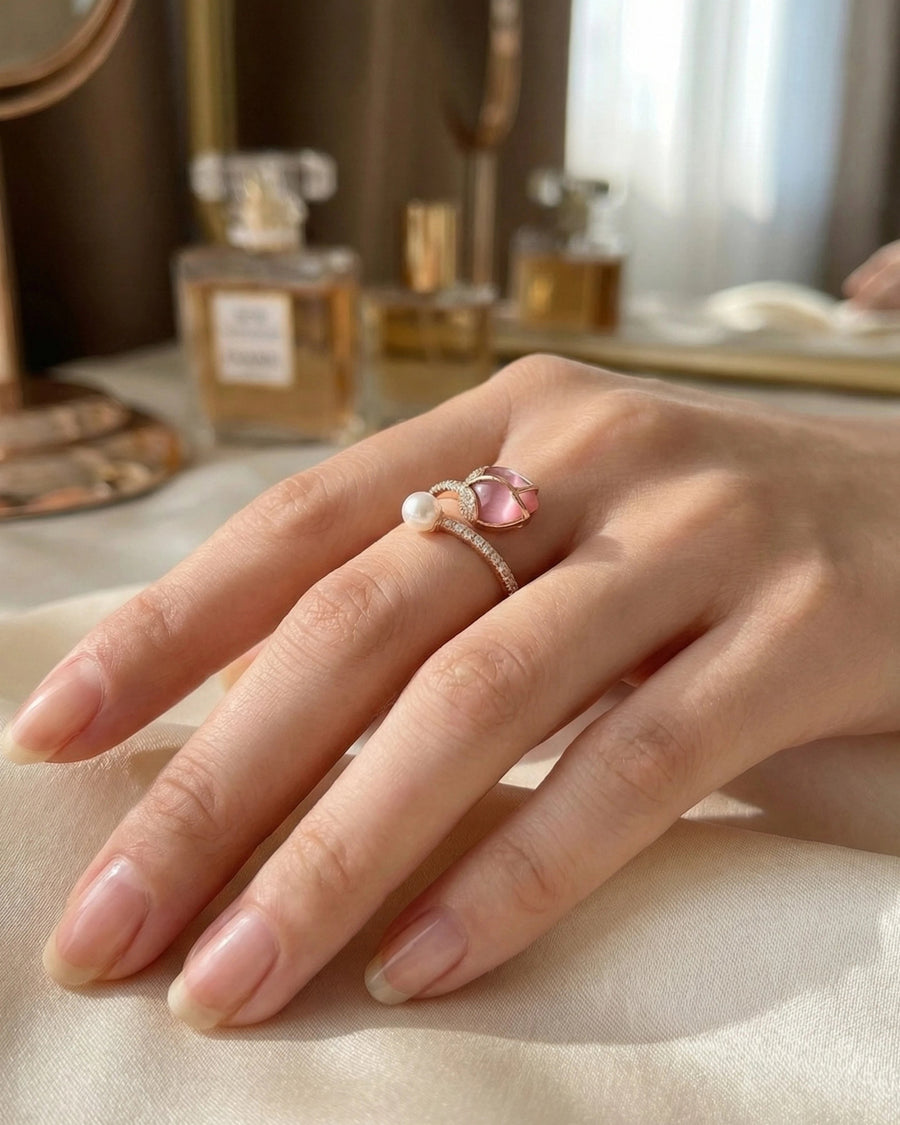 Enchanted Rose Quartz & Pearl Open Wrap Ring – 925 Sterling Silver