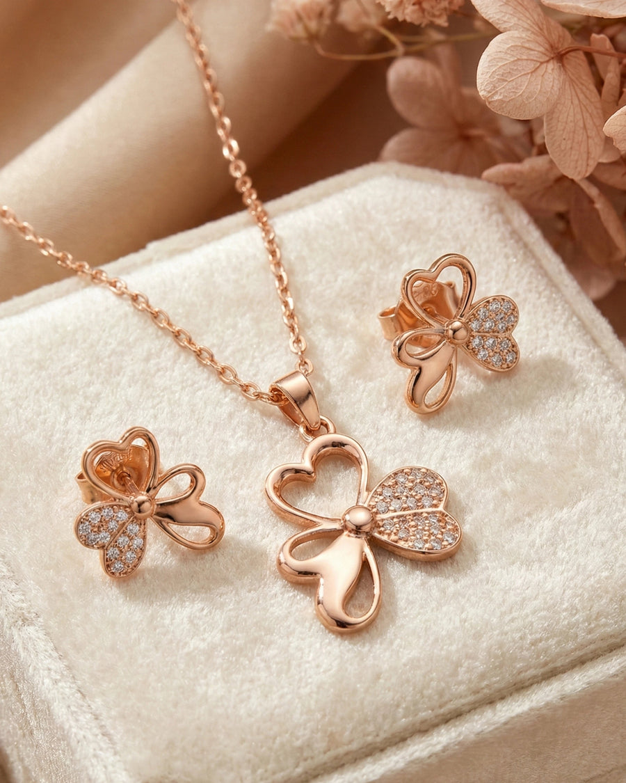 Silvonar 925 Sterling Silver Jewelry Set – [Golden Trinity Clover & Heart Design]