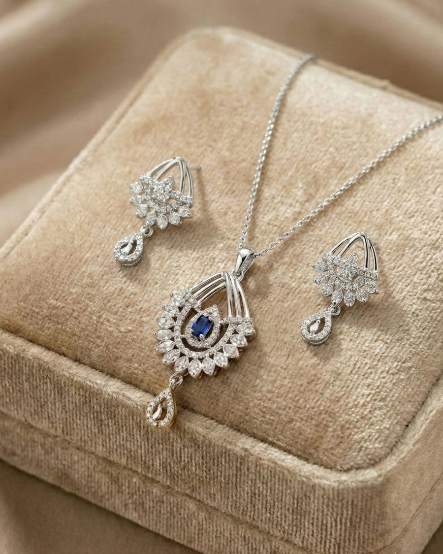 Silvonar 925 Sterling Silver Jewelry Set – [Royal Sapphire & Chandelier Halo Design]