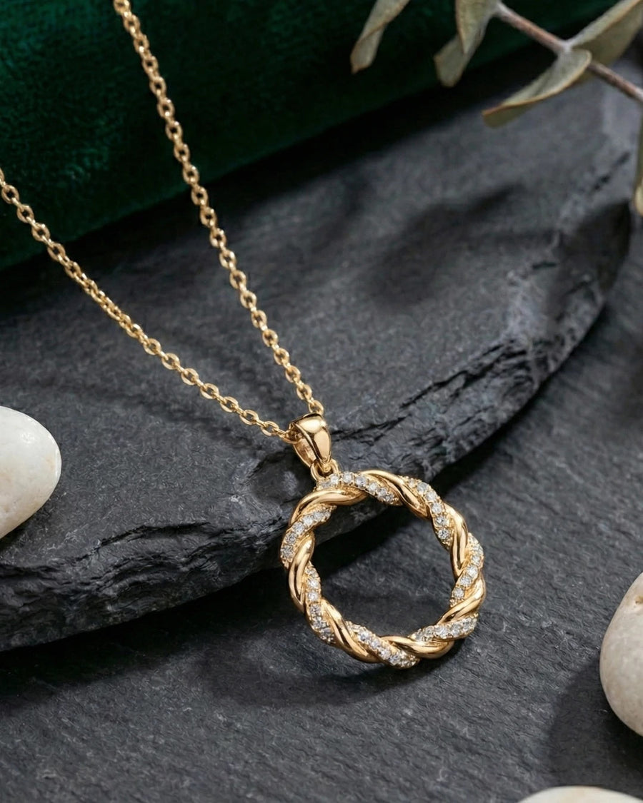 Entwined Halo Pavé Circle Necklace – 925 Sterling Silver