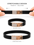 Close-up of the rose gold micro-pavé crystal buckle on Silvonar's men's black stretch bracelet
