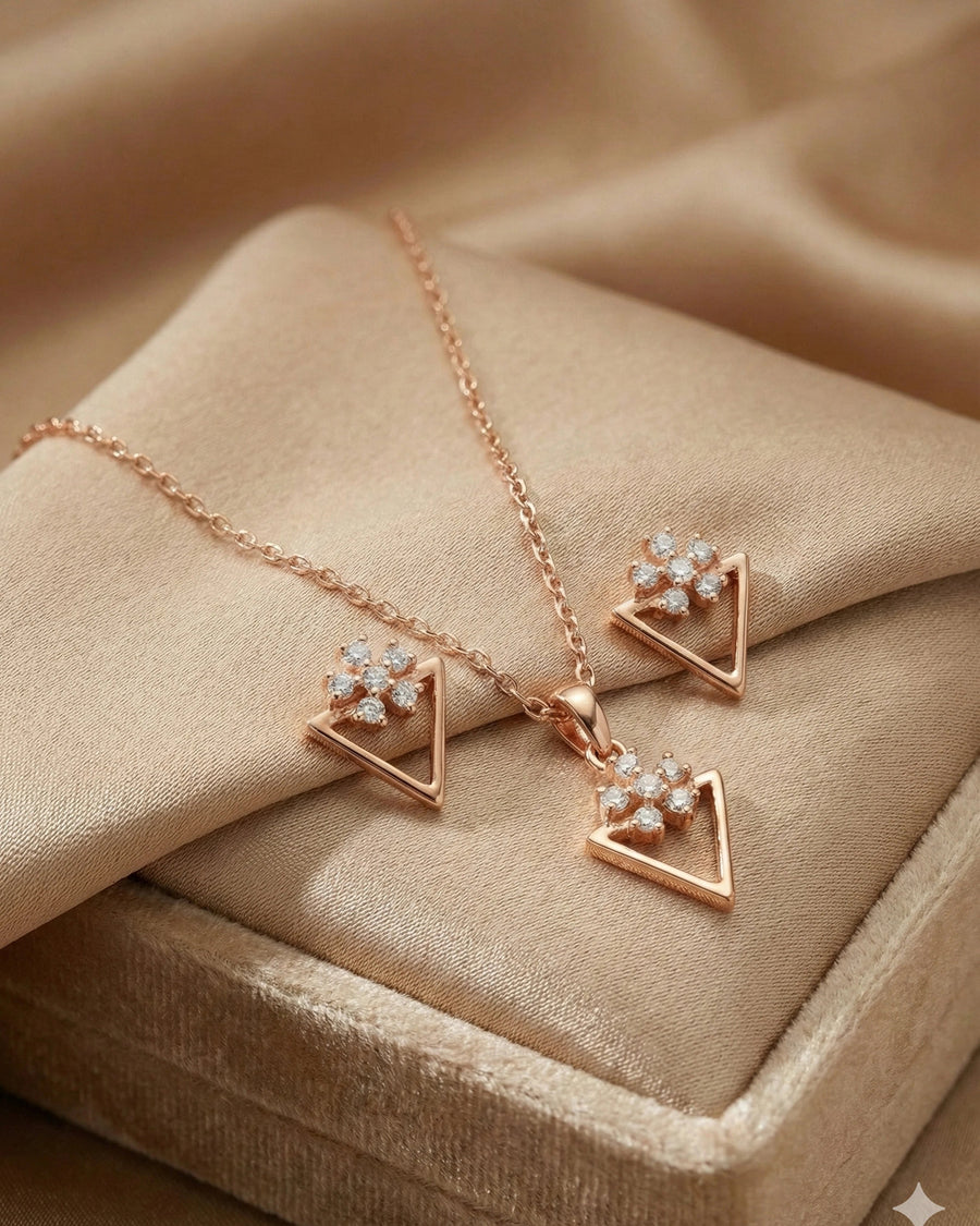 Silvonar 925 Sterling Silver Geometric Triangle & Floral Crystal Jewelry Set – Necklace and Earrings