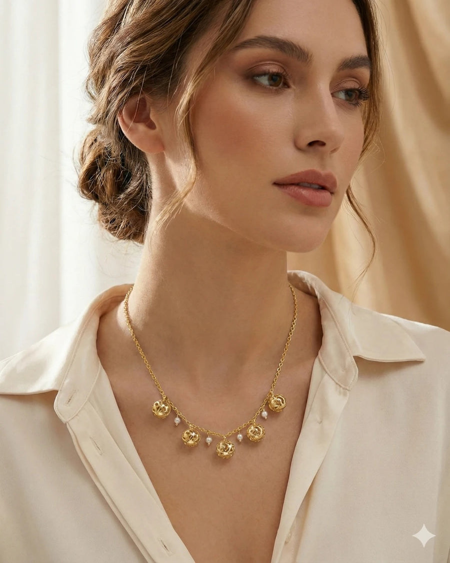 Golden Filigree Globe & Pearl Station Necklace – 925 Sterling Silver