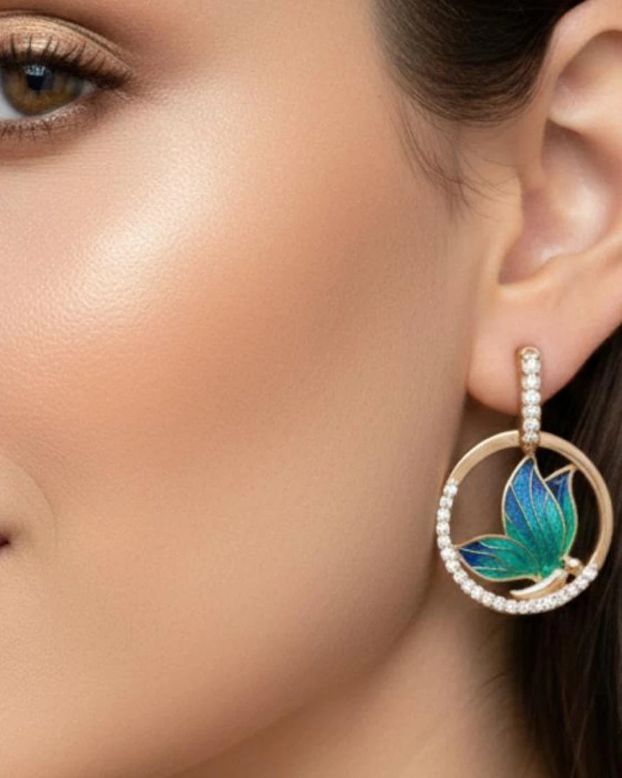 Emerald Glaze Butterfly Halo Earrings – 925 Sterling Silver