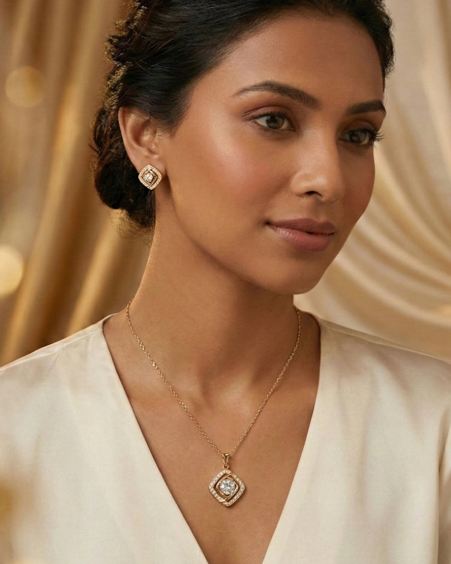 Silvonar Gold Plated 925 Sterling Silver Radiant Square Halo Jewelry Set – Pendant Necklace & Stud Earrings