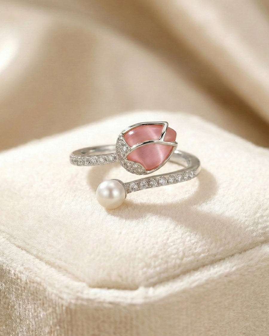 Enchanted Rose Quartz & Pearl Open Wrap Ring – 925 Sterling Silver