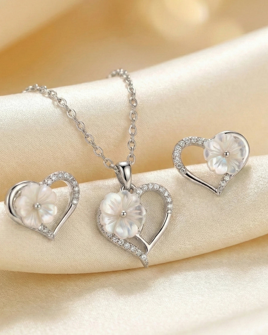 Silvonar 925 Sterling Silver Heart & Mother-of-Pearl Flower Jewelry Set – Romantic Necklace and Earrings