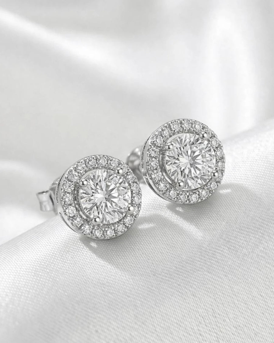 Brilliant Halo Solitaire Stud Earrings – 925 Sterling Silver