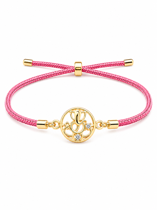 925 Sterling Silver Gold-Plated Ganesha Charm Adjustable Pink Thread Bracelet for Women