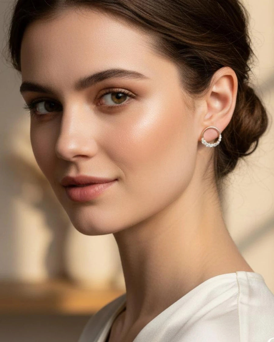 Ethereal Crescent Halo Stud Earrings – 925 Sterling Silver