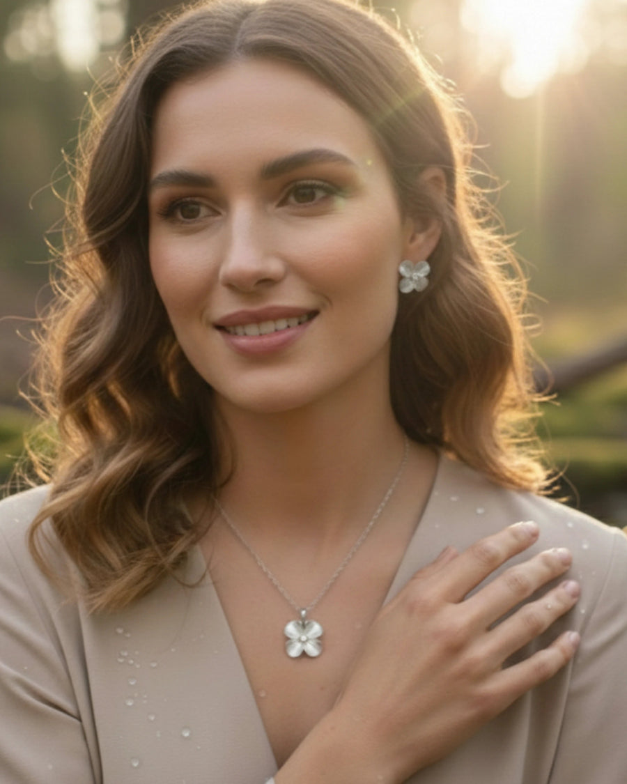 Silvonar 925 Sterling Silver Jewelry Set – [Brushed Four-Petal Blossom Design]