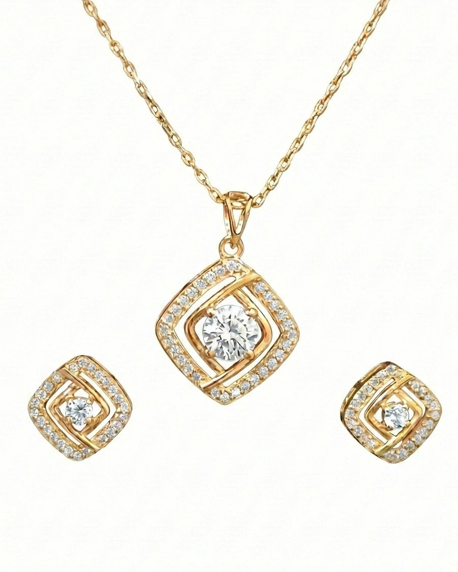 Silvonar Gold Plated 925 Sterling Silver Radiant Square Halo Jewelry Set – Pendant Necklace & Stud Earrings