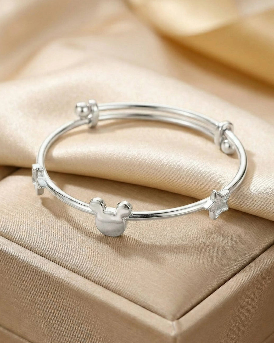 Silvonar 925 Sterling Silver Kids' Bangle – [Magic Mouse & Stars Adjustable Design]