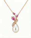 Ruby Bloom Teardrop Pearl Necklace – 925 Sterling Silver Floral Pendant for Women
