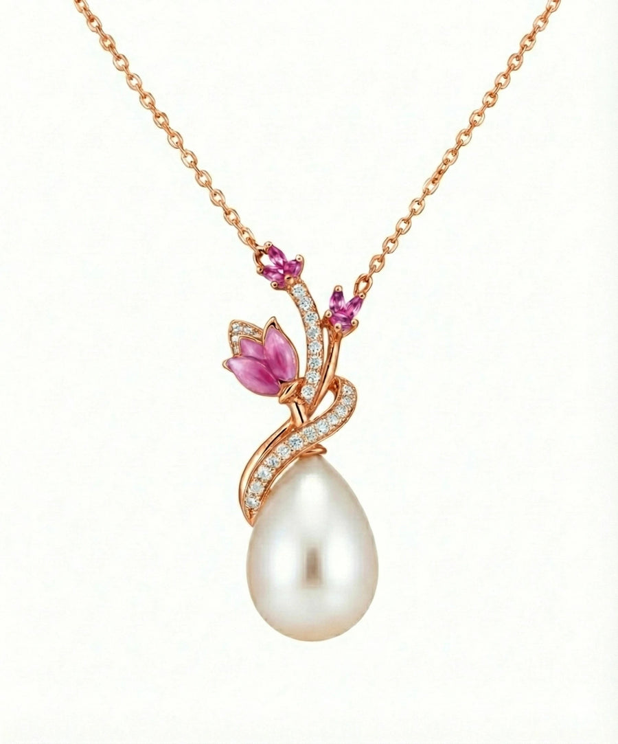 Ruby Bloom Teardrop Pearl Necklace – 925 Sterling Silver Floral Pendant for Women