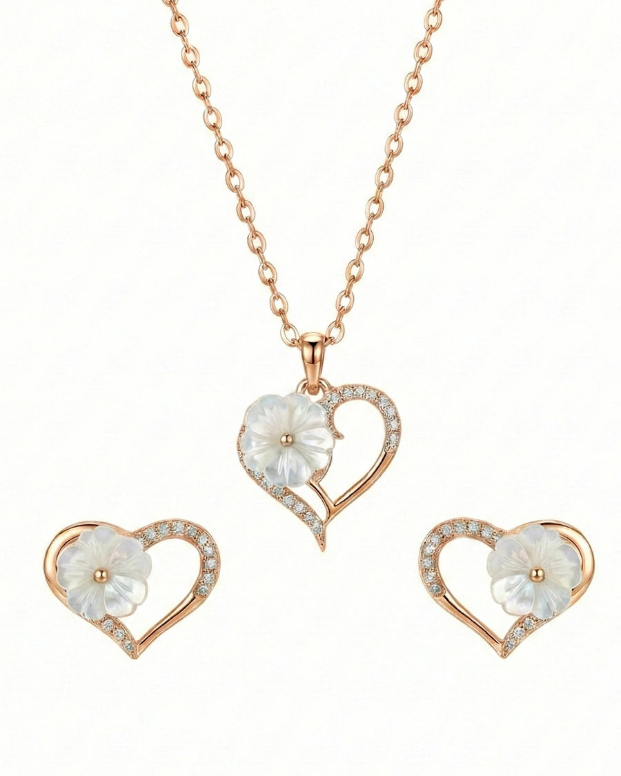 Silvonar 925 Sterling Silver Heart & Mother-of-Pearl Flower Jewelry Set – Romantic Necklace and Earrings
