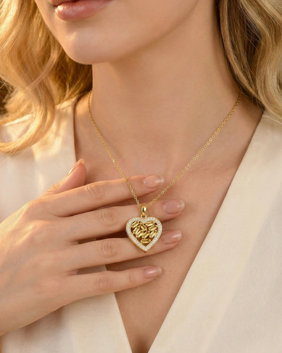 Golden Radiance Heart Mosaic Necklace – 925 Sterling Silver