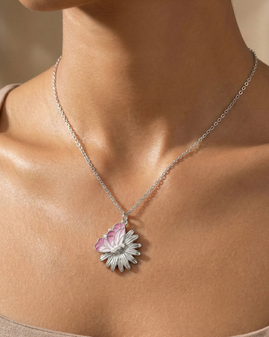 Pink Meadow Butterfly & Daisy Pendant – 925 Sterling Silver