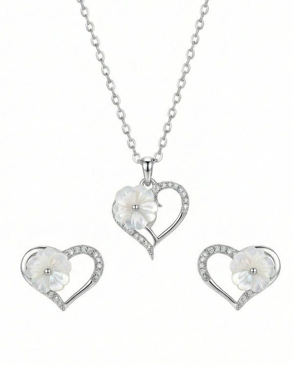 Silvonar 925 Sterling Silver Heart & Mother-of-Pearl Flower Jewelry Set – Romantic Necklace and Earrings