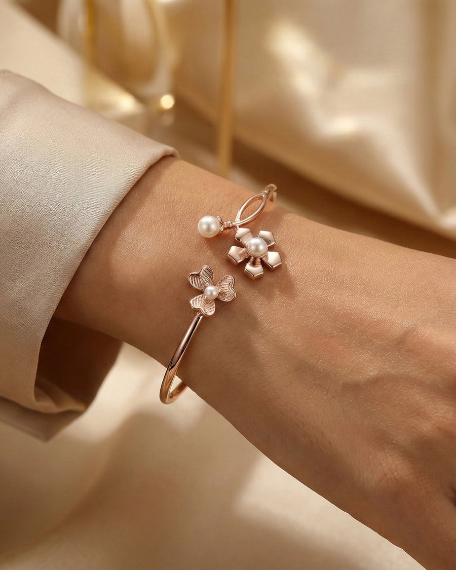 Pearl Floral Bloom Bangle - 925 Sterling Silver Adjustable Bracelet for Women
