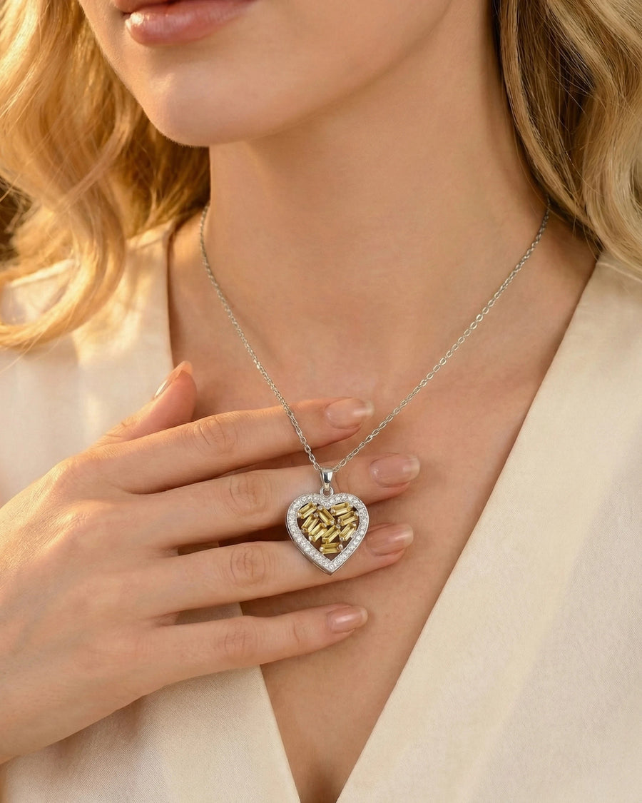 Golden Radiance Heart Mosaic Necklace – 925 Sterling Silver