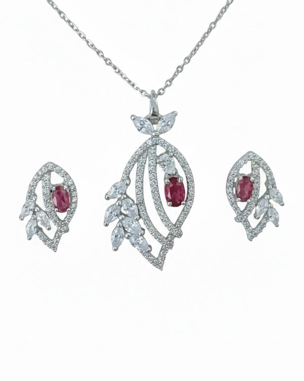 Silvonar 925 Sterling Silver Jewelry Set – Royal Ruby & Crystal Leaf Design