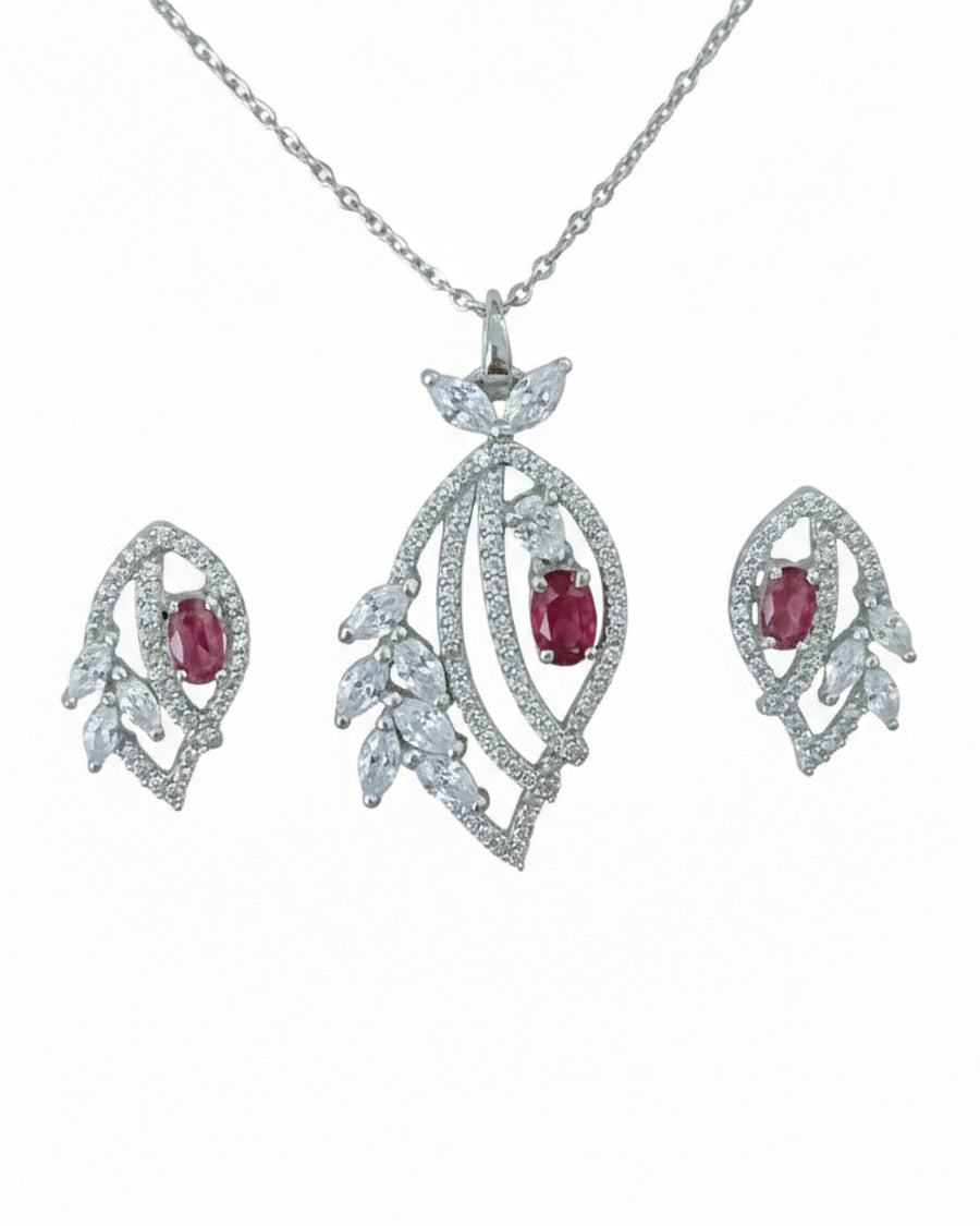 Silvonar 925 Sterling Silver Jewelry Set – Royal Ruby & Crystal Leaf Design