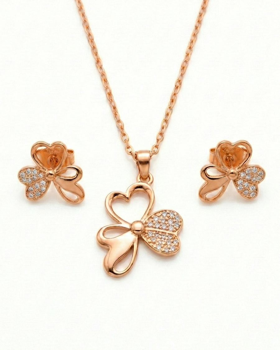 Silvonar 925 Sterling Silver Jewelry Set – [Golden Trinity Clover & Heart Design]