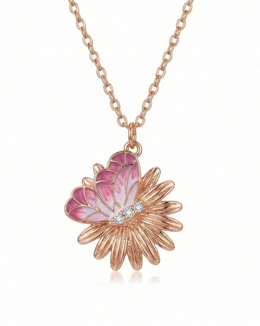 Pink Meadow Butterfly & Daisy Pendant – 925 Sterling Silver