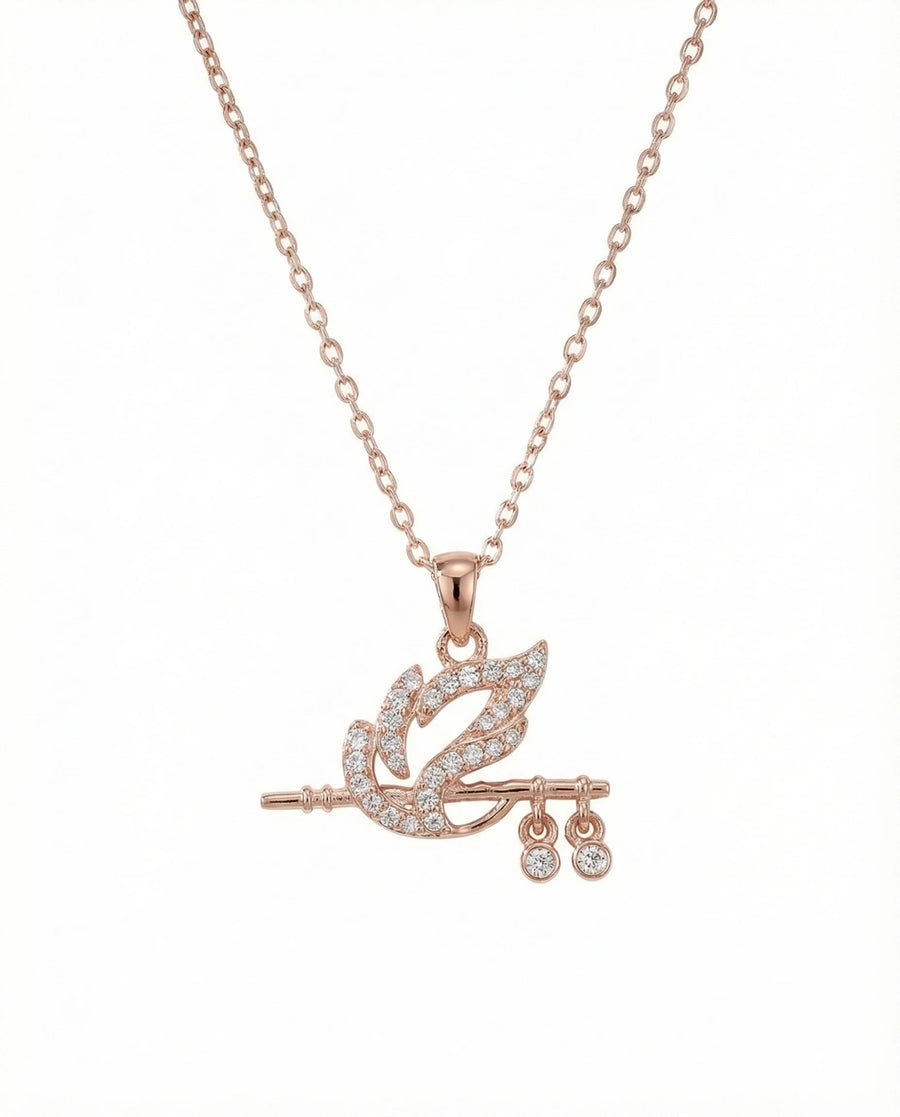 Divine Krishna Flute & Peacock Feather Necklace – 925 Sterling Silver Zircon Pendant