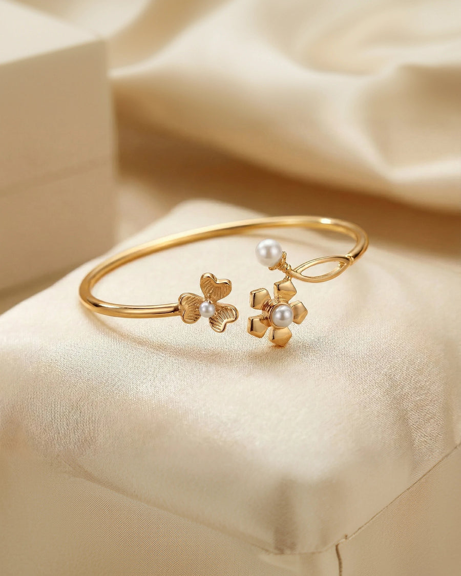 Pearl Floral Bloom Bangle - 925 Sterling Silver Adjustable Bracelet for Women