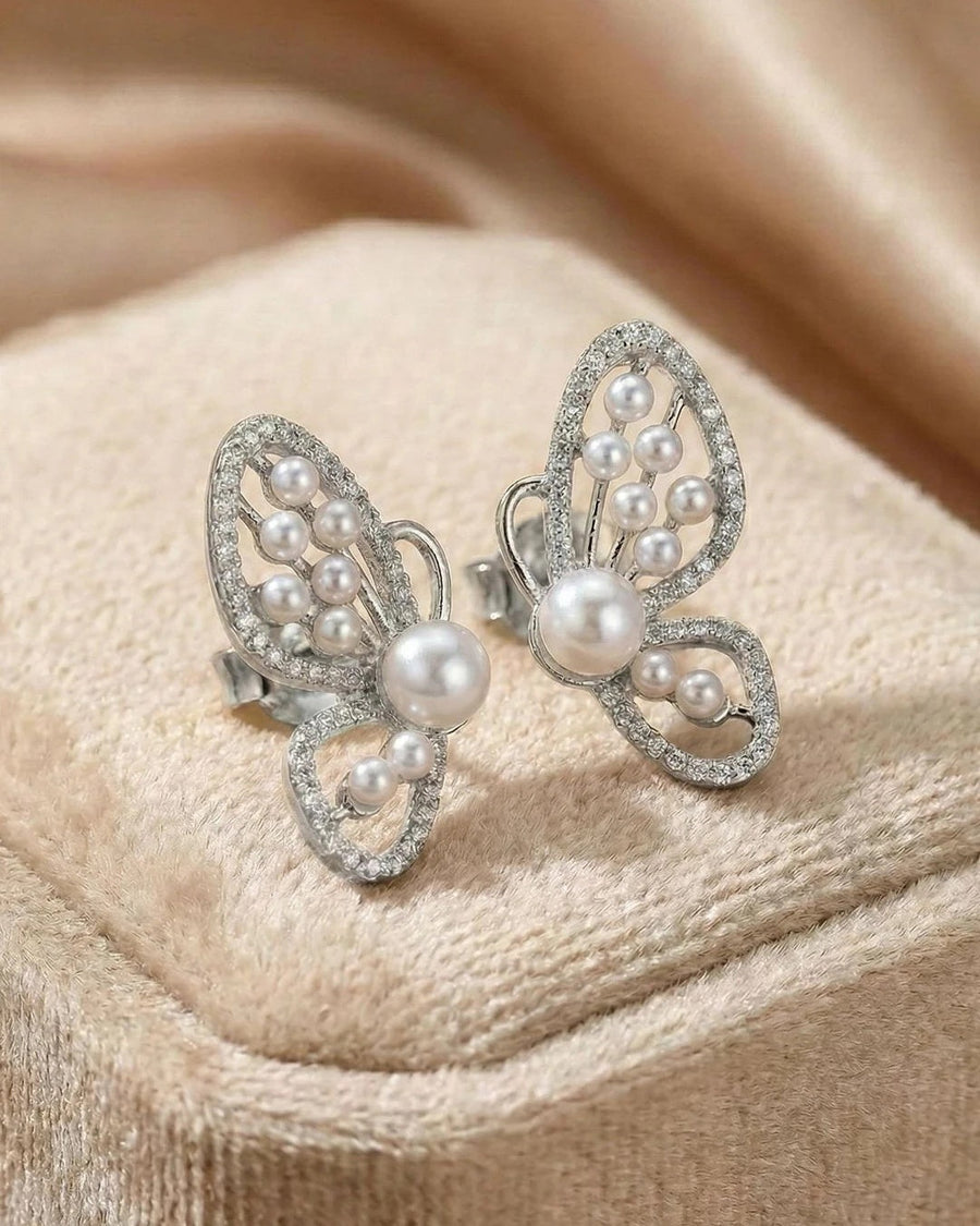 Graceful Butterfly Pearl Stud Earrings – 925 Sterling Silver
