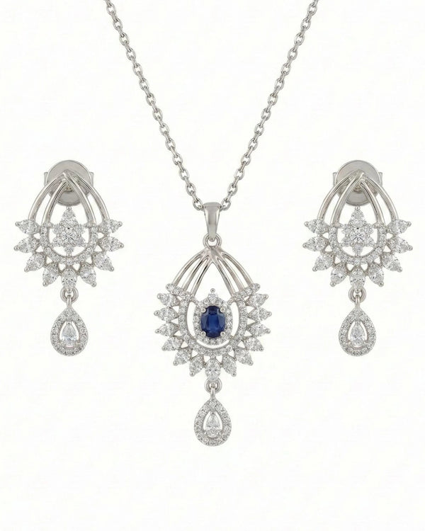 Silvonar 925 Sterling Silver Jewelry Set – [Royal Sapphire & Chandelier Halo Design]