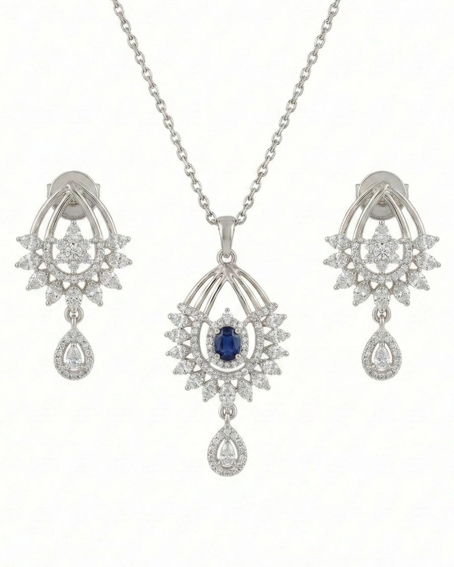 Silvonar 925 Sterling Silver Jewelry Set – [Royal Sapphire & Chandelier Halo Design]