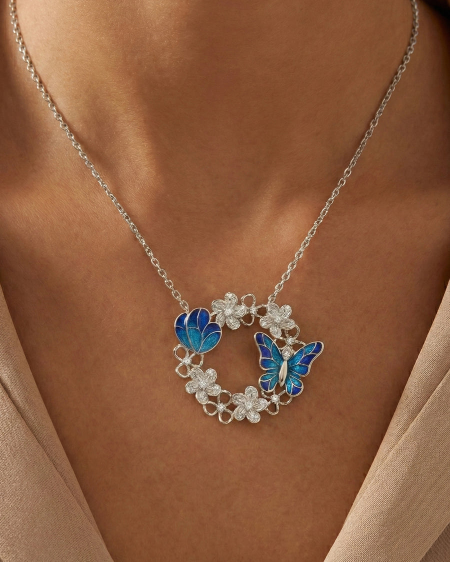 Enchanted Butterfly Garden Wreath Necklace – 925 Sterling Silver
