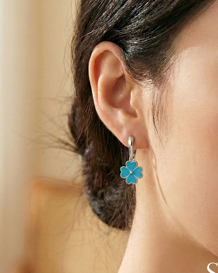 Azure Clover Enamel Drop Earrings – 925 Sterling Silver