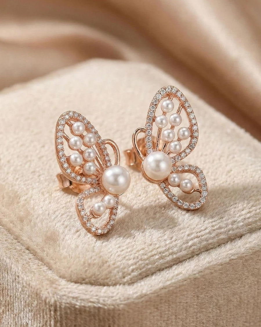 Graceful Butterfly Pearl Stud Earrings – 925 Sterling Silver