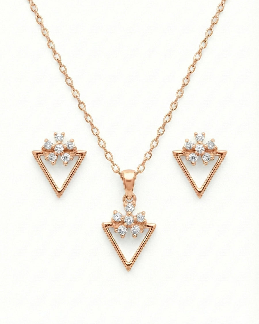 Silvonar 925 Sterling Silver Geometric Triangle & Floral Crystal Jewelry Set – Necklace and Earrings