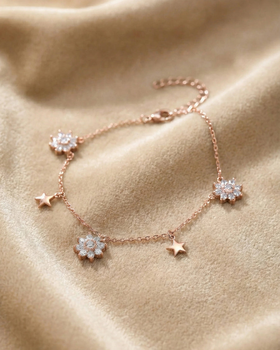 Celestial Star & Blossom Charm Bracelet – 925 Sterling Silver